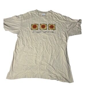 Vintage BASICSS Sunflowers Graphic T-Shirt Tan Beige XL Made in USA 90s Cotton